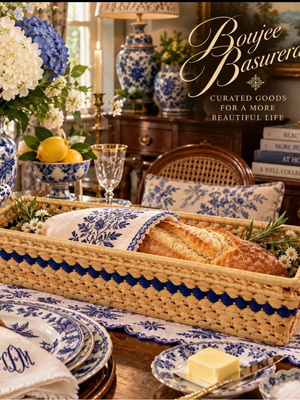 Title Vintage Blue White Chinoiserie Woven Bread Basket Ceramic Handles
